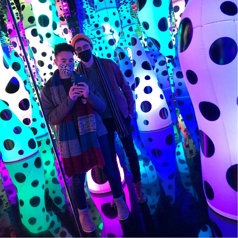 Darius and Tom in one of Yayoi Kusama's infinity rooms